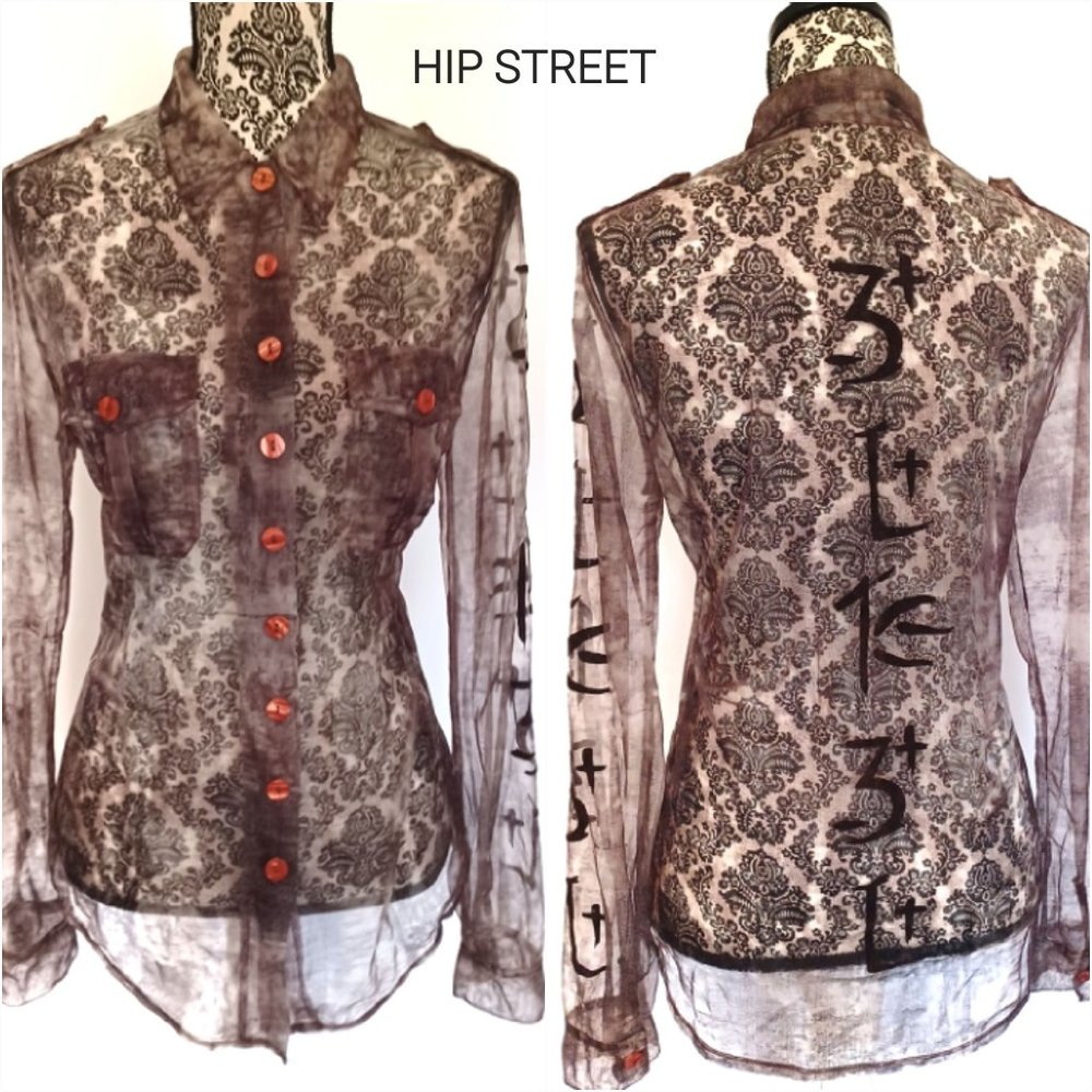 VASSALLI Italian Graphic Print Sheer Knit Chiffon Blouse Asian Characters 46 XL